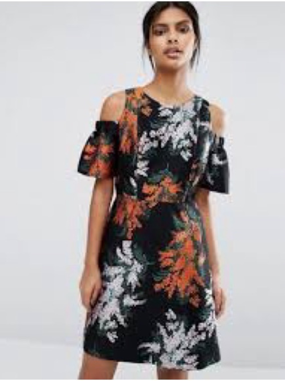 Whistles Gwyneth Jacquard Cold-Shoulder Floral A-Line Dress in Black and Orange